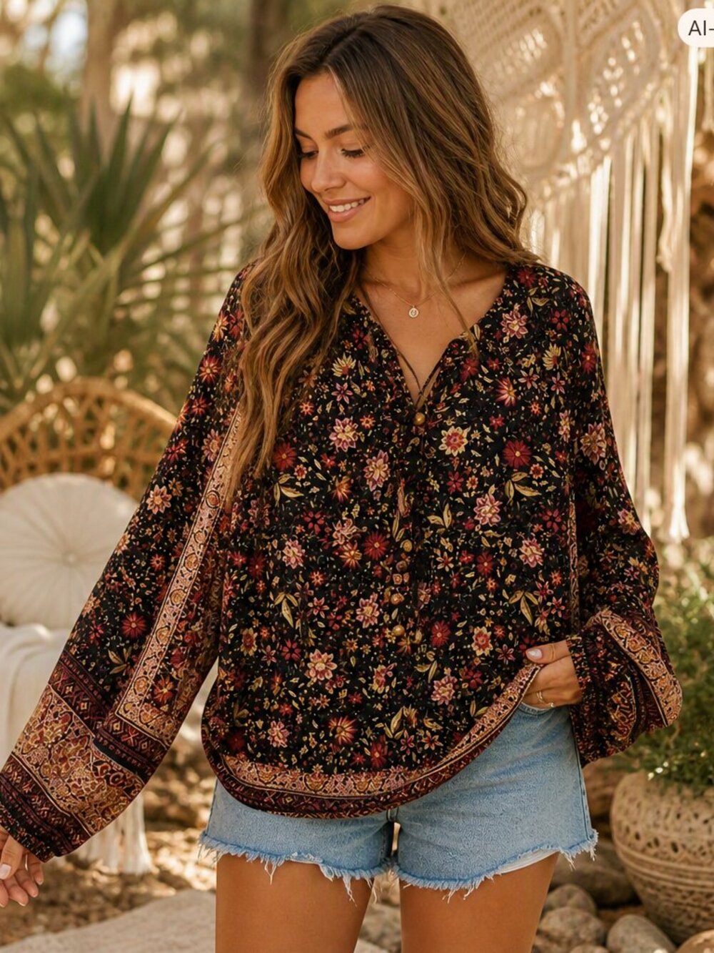 Easel LA Floral Border Peasant Blouse – Black Multi | Size S | Oversized Fit